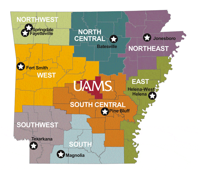 map of AR with rural research network sites 