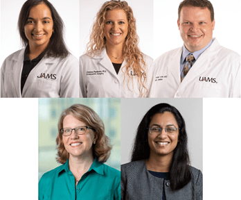 The new implementation science scholars are (clockwise from left): Jarna Shah, M.D., Chelsea Mathews, M.D., Stephen Foster, M.D., Shruti Tewar, MBBS, and Veronica Raney, M.D.