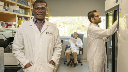 STARs participant Bolni “Marius” Nagalo, Ph.D., here in his lab at the UAMS Winthrop P. Rockefeller Cancer Institute, said the grant-writing program was a “fantastic” experience. Photo by Evan Lewis
