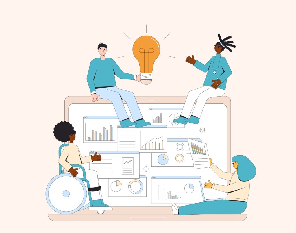 Diverse group of professionals working together on a project. Data analysts team. Coworkers talking at brainstorming business meeting. Vector illustration.