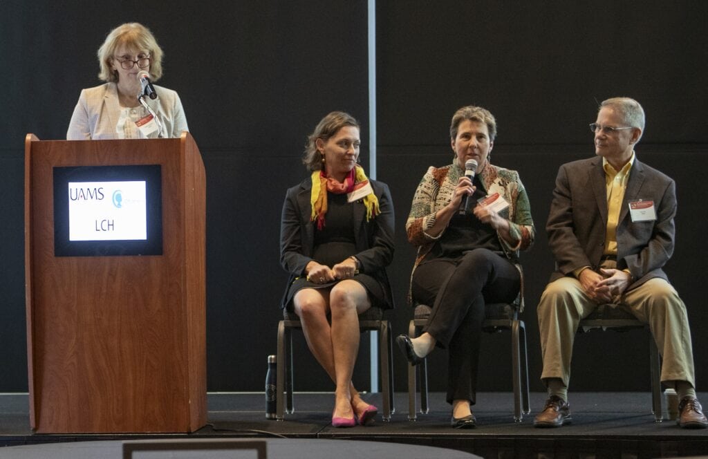 Rosalind Wright, M.D., MPH, speaks during a panel discussion with (l-r) Elisabet Borsheim, Ph.D., (standing), Amanda Dettmer, Ph.D., and Fred Prior, Ph.D.