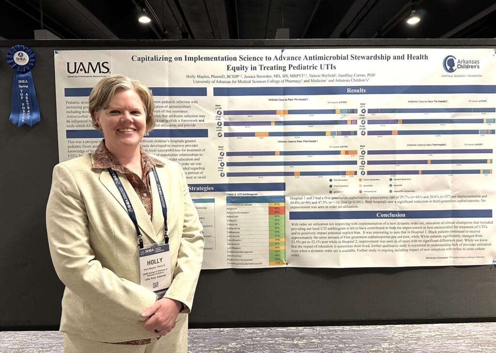 Holly Maples, Pharm.D., presented her award-winning poster at the Society for Healthcare Epidemiology of America Spring 2024 Conference. 