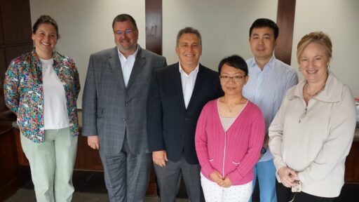Representatives of the OneFlorida+ PCORnet spent a day at UAMS in April to share information about the network. From left to right are Brittney Roth Manning, MPH (OneFlorida+), Mathias Brochhausen, Ph.D., Ahmad Baghal, M.D., Ph.D., Mei Liu, Ph.D. (OneFlorida+), Jiang Bian, Ph.D. (OneFlorida+) and Laura James, M.D.