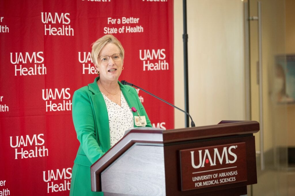 Laura James, M.D., discussed plans for the new Clinical and Translational Science Award during Wednesday’s news conference. Photo by Evan Lewis