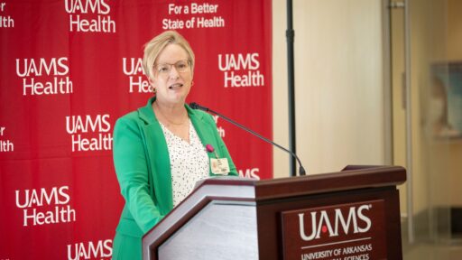 Laura James, M.D., discussed plans for the new Clinical and Translational Science Award during Wednesday’s news conference. Photo by Evan Lewis