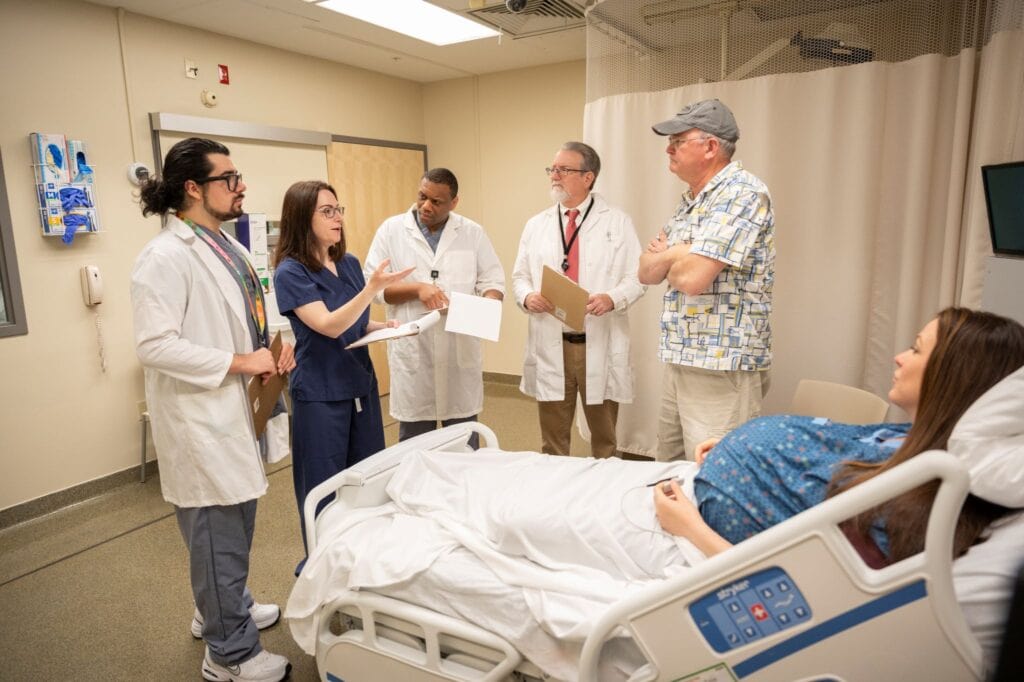 As part of the CORES study with the University of New Mexico and University of Utah, Karen Dickinson, directed a video at the UAMS Simulation Center involving patient prejudice.  (Photo by Evan Lewis)