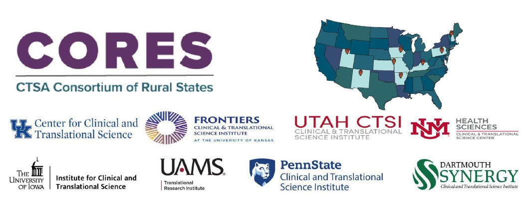 CTSA Consortium of Rural States (CORES) logos and map.