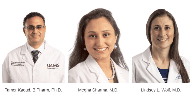 Tamer Kaoud, B.Pharm, Ph.D., is a man with short , dark hair and wearing glasses.
Megha Sharma, M.D., is a woman with long, dark hair.
Lindsey L. Wolf, M.D., is a woman with long, dark hair.