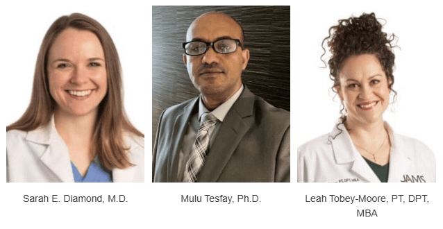 Sarah E. Diamond is a woman with long, blonde hair and wearing a lab coat.
Mulu Tesfay is a man with a shaved head and wearing a gray suit and glasses.
Leah Tobey-Moore is a woman with curly hair bunched up and wearing a lab coat.
