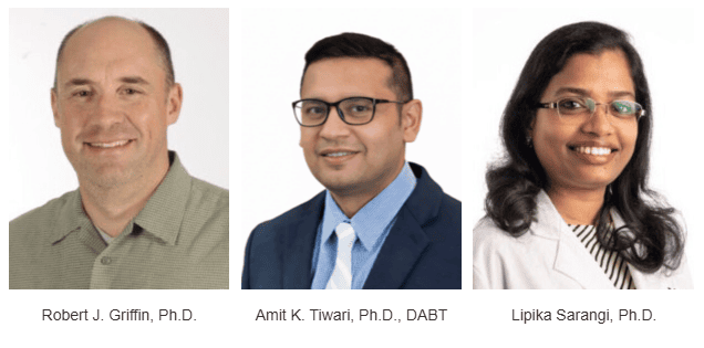 Robert J. Griffin is a man wearing a green shirt.
Amit K. Tiwari is a man wearing a blue suit with white tie and glasses.
Lipika Sarangi is a woman with long, dark hair and glasses and wearing a lab coat.