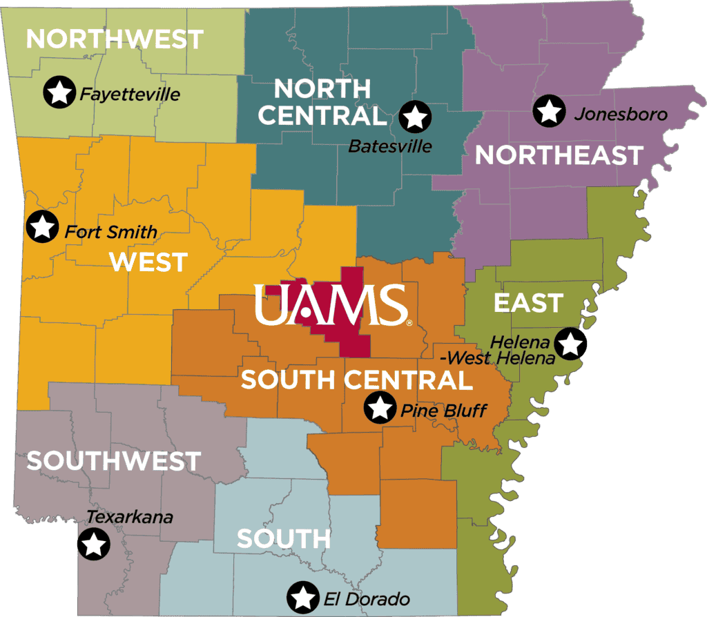 A map of Arkansas that shows the locations of rural research clinics that are listed in the chart on this page.