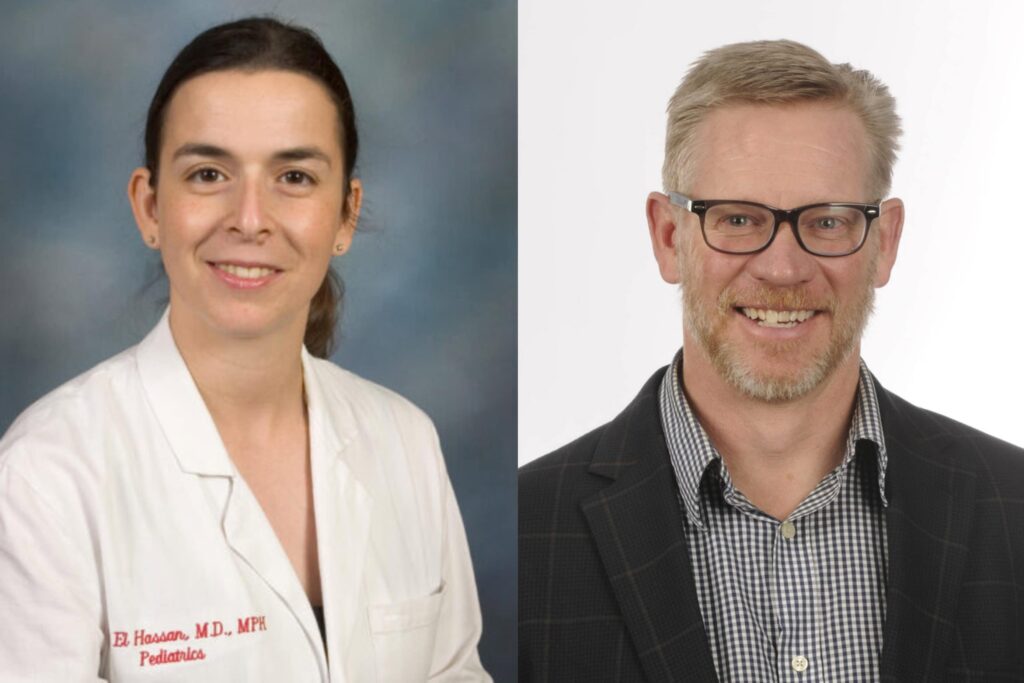Nahed O. ElHassan is a woman with dark hair, and Bradley Martin is a man with short hair and wearing glasses.