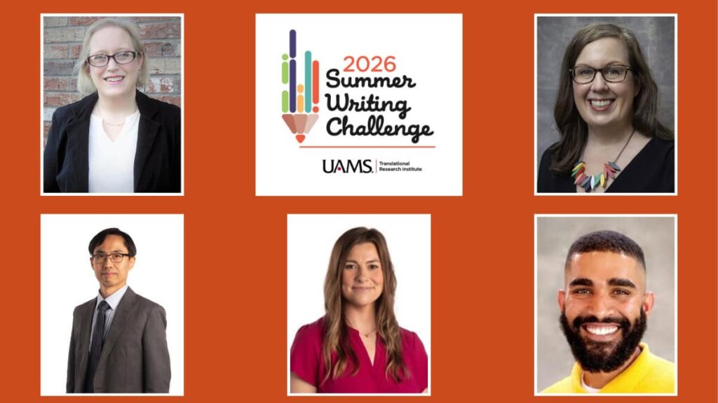 Graphic is orange and contains photos of the five winners, two men and three women. Winners (clockwise, from top left): Jennifer Andersen, Ph.D.; Sara Landes, Ph.D.; Adrian Williams, MS; Mollee Smith, Ph.D.; and Yong-Moon “Mark” Park, M.D., Ph.D., MS. 