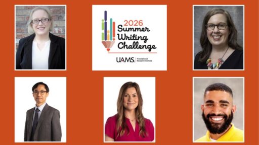 Graphic is orange and contains photos of winners: Three women and two men. Winners (clockwise, from top left): Jennifer Andersen, Ph.D.; Sara Landes, Ph.D.; Adrian Williams, MS; Mollee Smith, Ph.D.; and Yong-Moon “Mark” Park, M.D., Ph.D., MS.