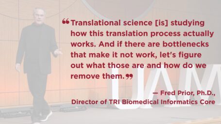 Photo of Fred Prior on stage. He is wearing a black top and black pants. Quote on image reads: “Translational science [is] studying how this translation process actually works. And if there are bottlenecks that make it not work, let's figure out what those are and how do we remove them.”