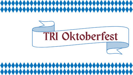 Image says Oktoberfest inside a banner and includes series of blue triangles at top and bottom.
